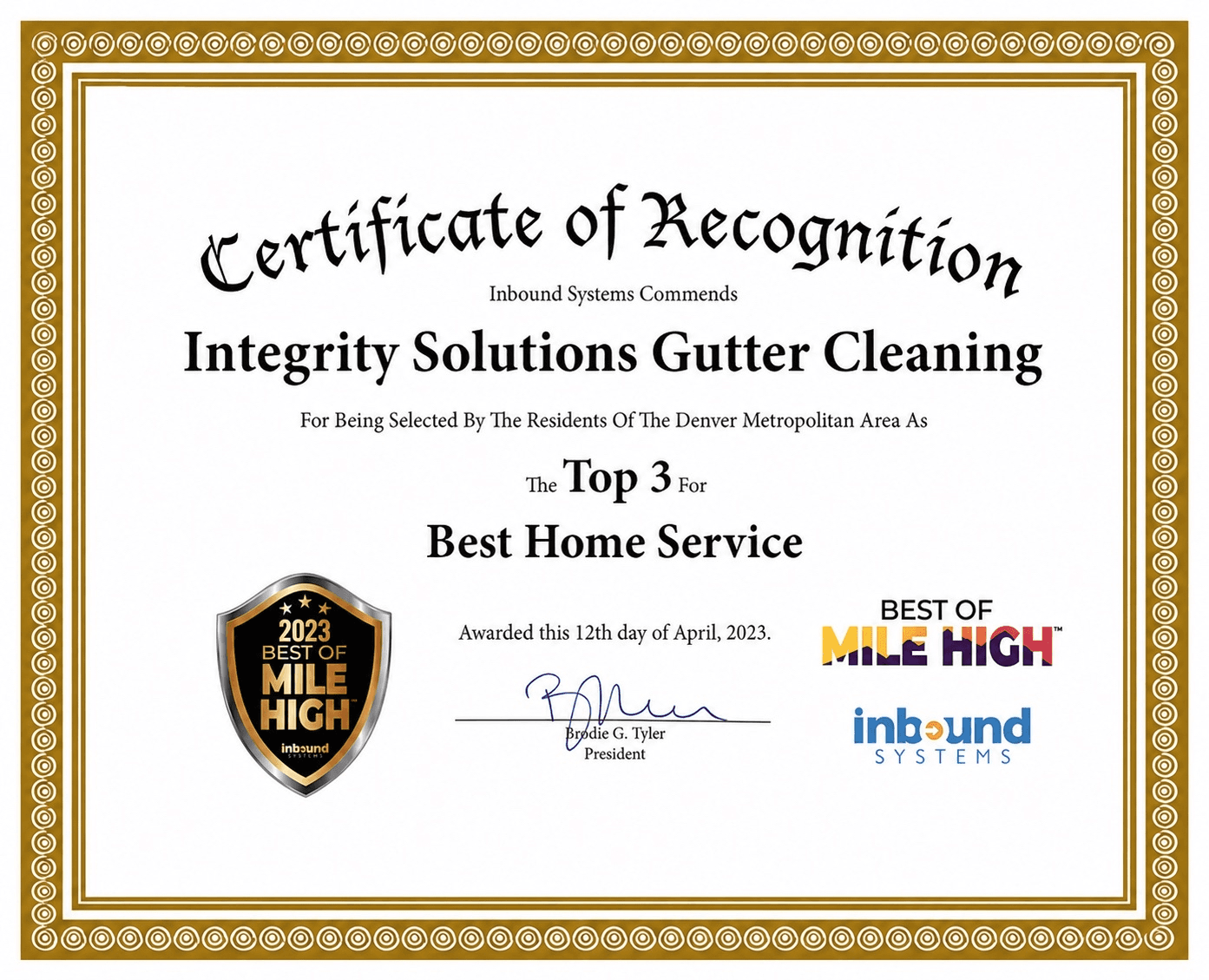 Best of Mile High, Top 3 Certificate of Recognition for Integrity Solutions Gutter Cleaning